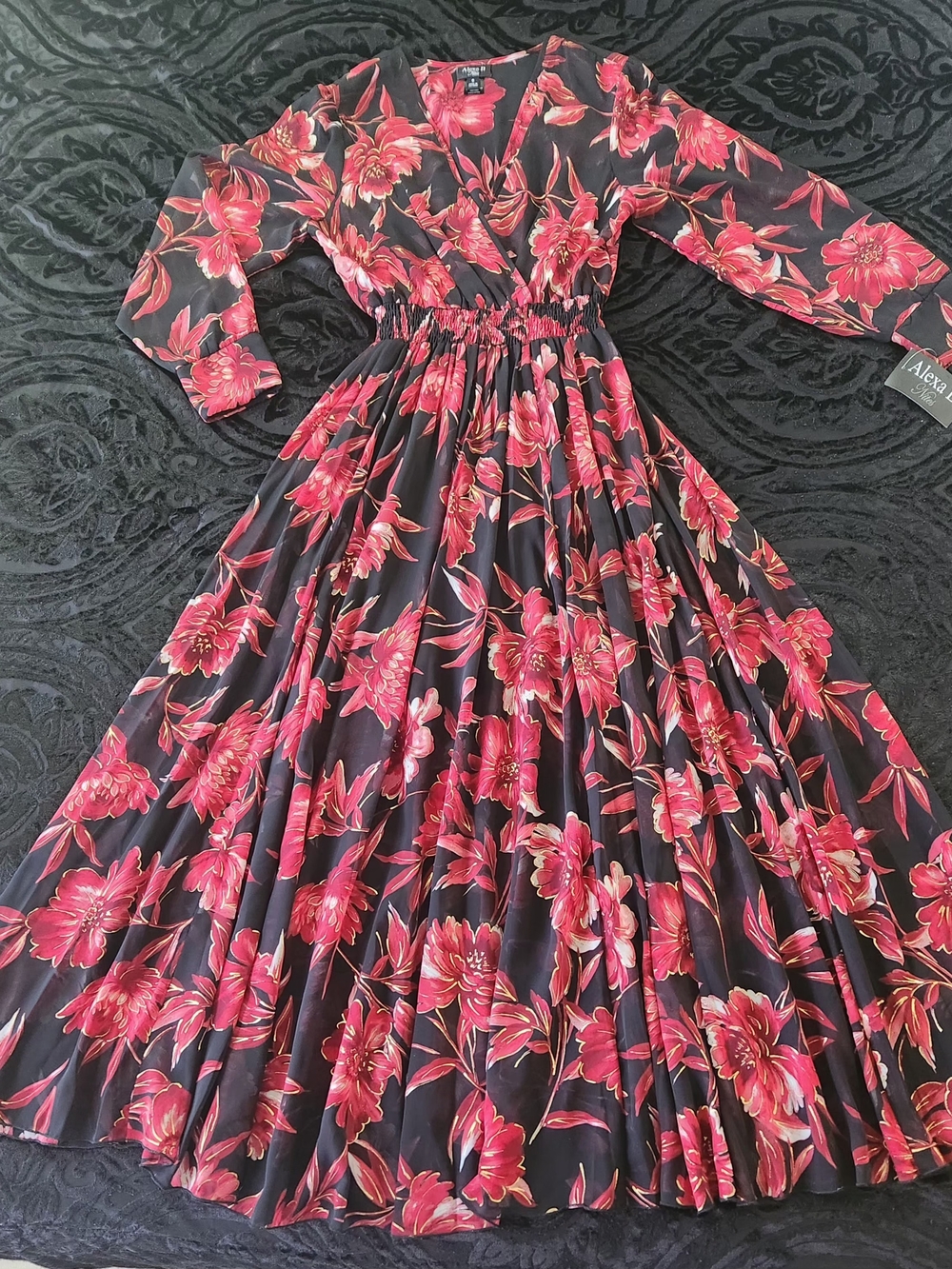 Alex Evenings Black Maxi Dress with Red Floral Print